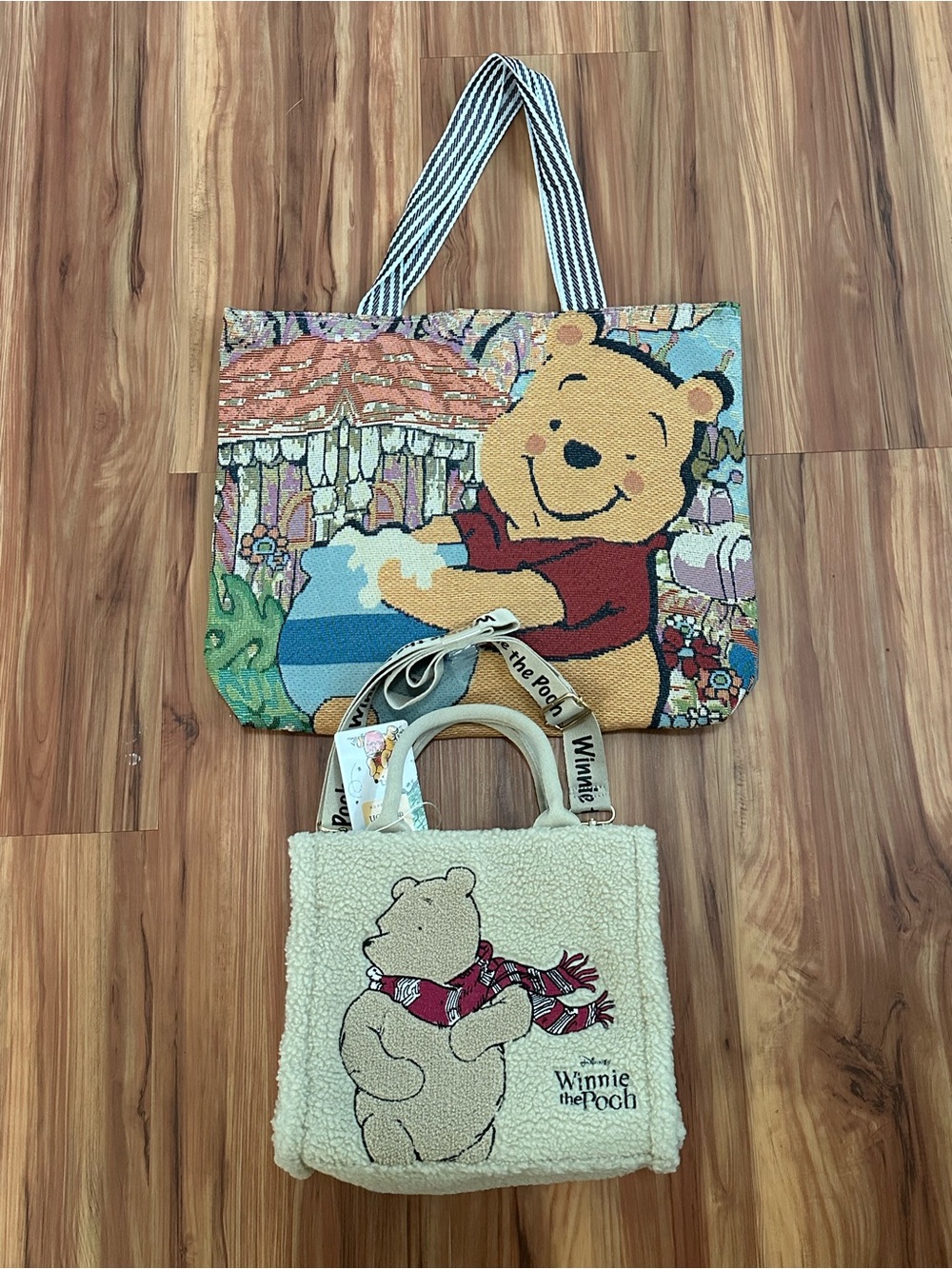 New Disney Winnie the Pooh Tote Set Beige Sherpa Mini Bag & Multicolor Canvas